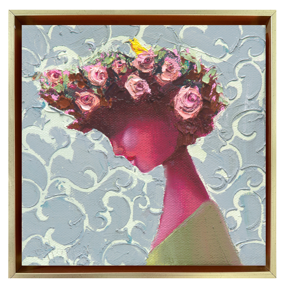 Original figurative oil painting of a woman in profile with pink roses in her dark curly hair, a yellow bird, and a textured pale blue background by Denise Hopkins.