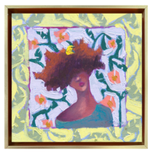 You've Been on My Mind, 6x6 original oil painting by Denise Hopkins featuring a woman with dark curly hair, white flowers, teal foliage, and a yellow bird.