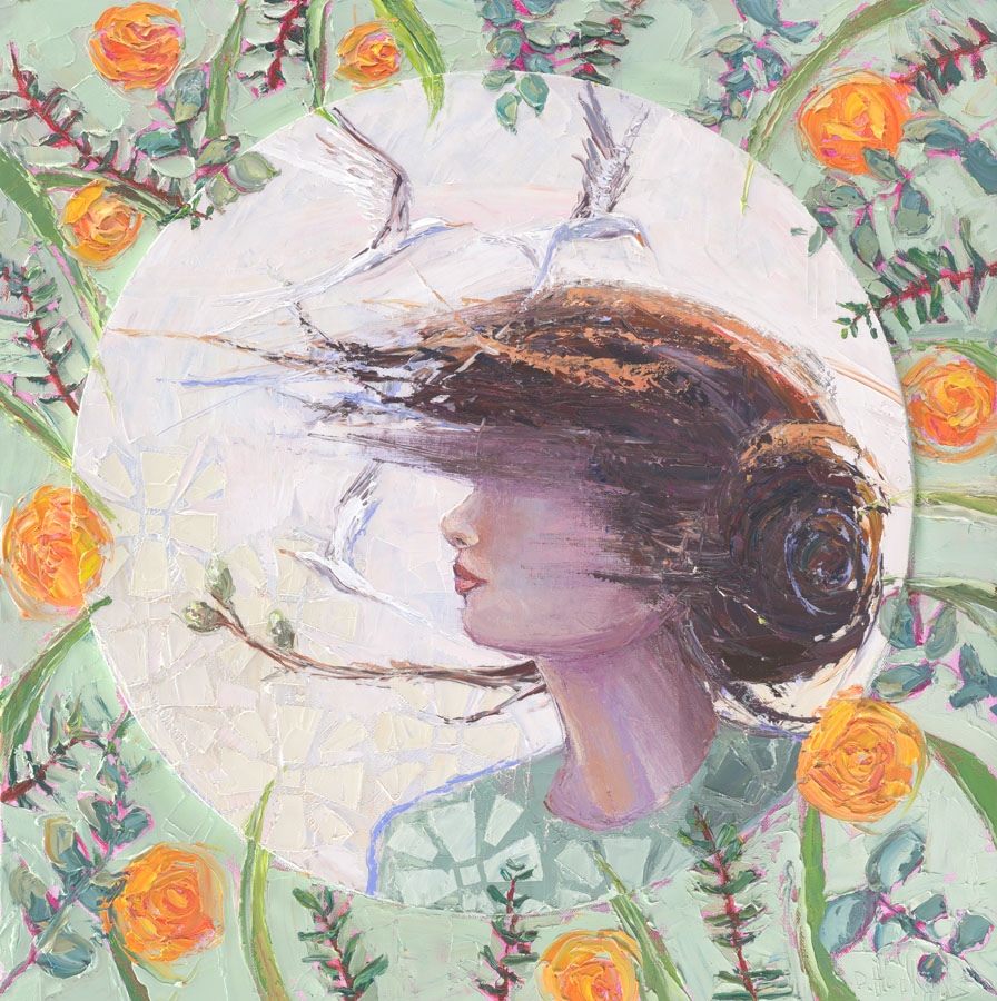 The Bud Stands for All Things woman and birds fine art print by Denise Hopkins